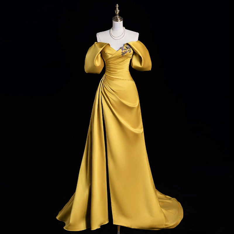 A-line/Princess Off-the-shoulder Ruched Asymmetrical Evening Dresses with Ruffles & Lace-up & Slit & Appliques