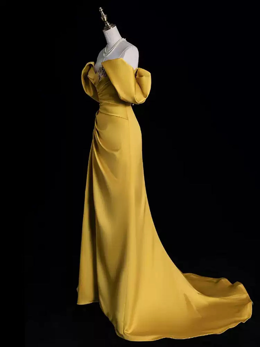 A-line/Princess Off-the-shoulder Ruched Asymmetrical Evening Dresses with Ruffles & Lace-up & Slit & Appliques