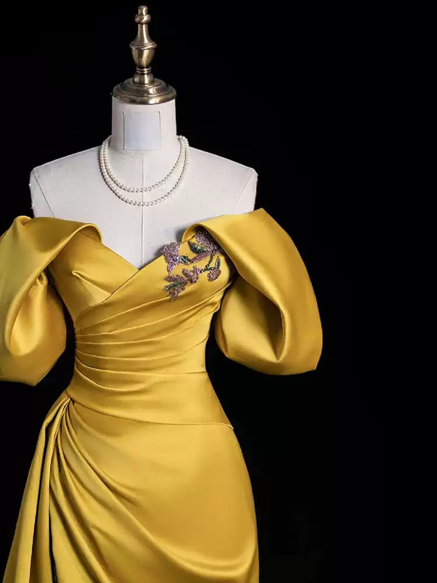 A-line/Princess Off-the-shoulder Ruched Asymmetrical Evening Dresses with Ruffles & Lace-up & Slit & Appliques