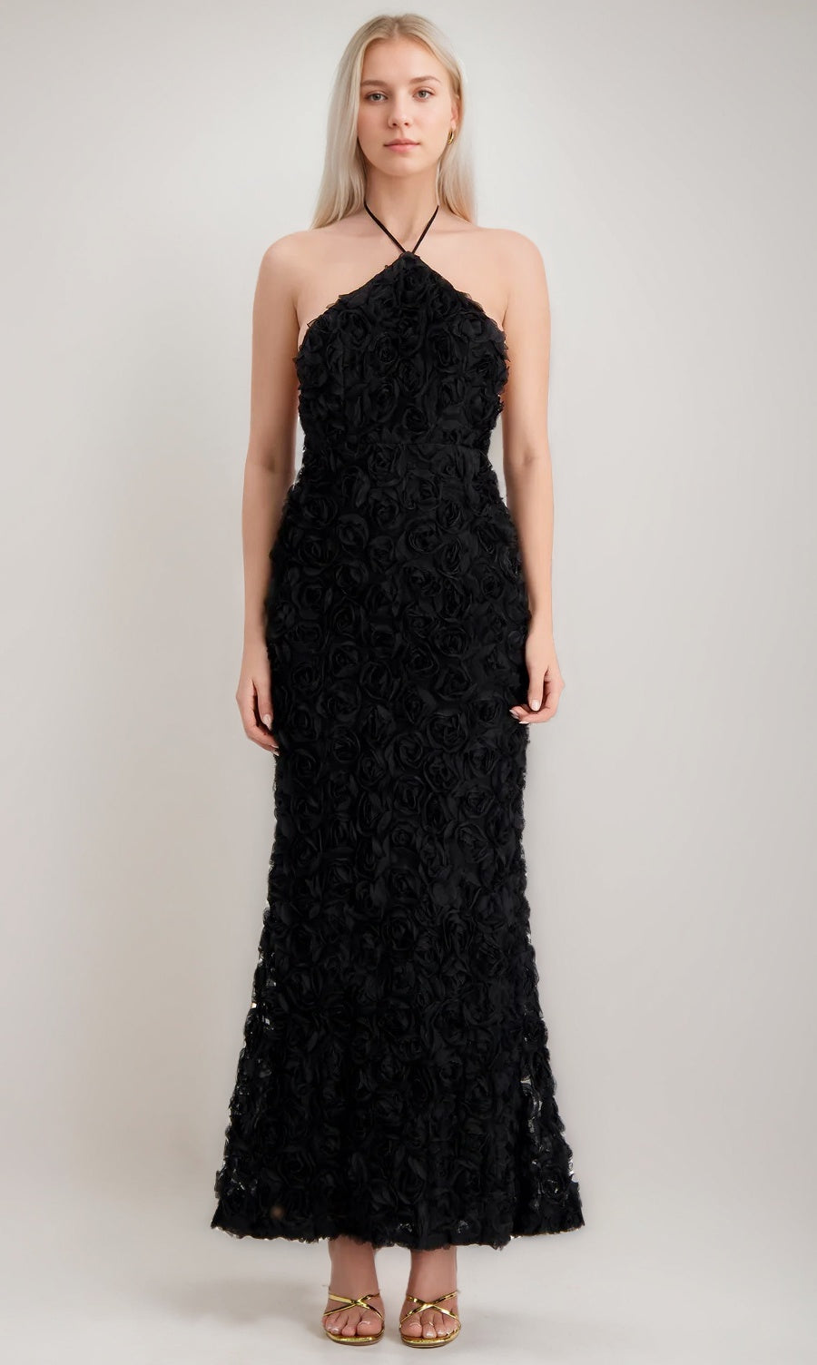 Black Floral Texture Evening Gown 2026 Halter Neck Floor-Length Formal Dress for Gala Party