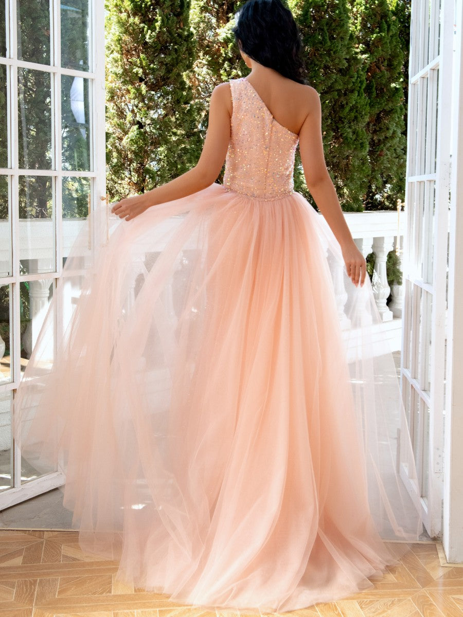 Sheath/Column One-Shoulder Sleeveless Floor-Length Evening Dresses with Detachable Tulle & Slit & Sequins