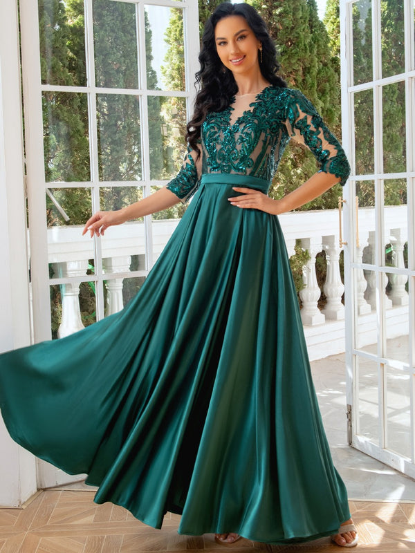 A-Line/Princess Jewel Neck 1/2 Sleeves Floor-Length Pleated Evening Dresses with Sequins & Tulle & Slit