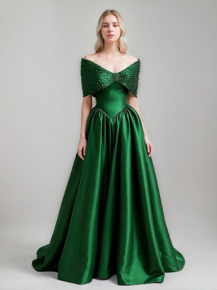 A-Line/Princess Off-the-Shoulder Half Sleeves Floor-Length Pleated Evening Dresses with Pearls & Beads