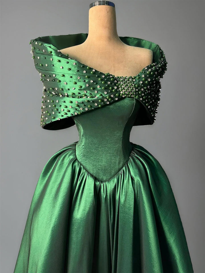 A-Line/Princess Off-the-Shoulder Half Sleeves Floor-Length Pleated Evening Dresses with Pearls & Beads