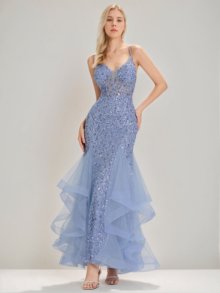 Trumpet/Mermaid Spaghetti Straps Sleeveless Floor-length Evening Dresses with Lace-up & Ruffles
