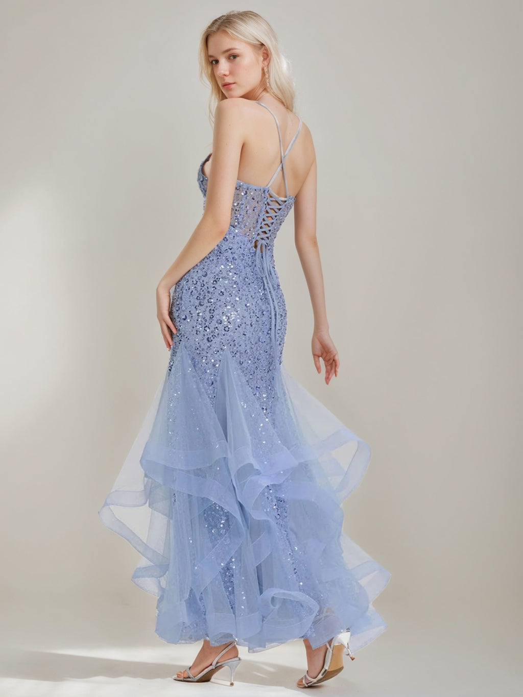 Trumpet/Mermaid Spaghetti Straps Sleeveless Floor-length Evening Dresses with Lace-up & Ruffles