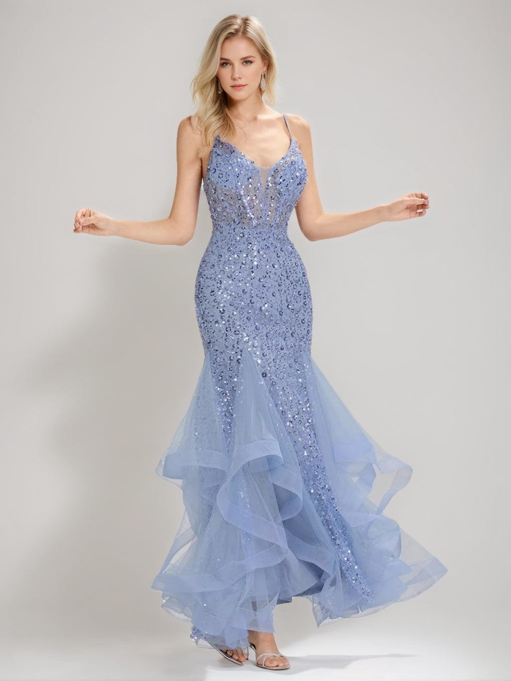 Trumpet/Mermaid Spaghetti Straps Sleeveless Floor-length Evening Dresses with Lace-up & Ruffles