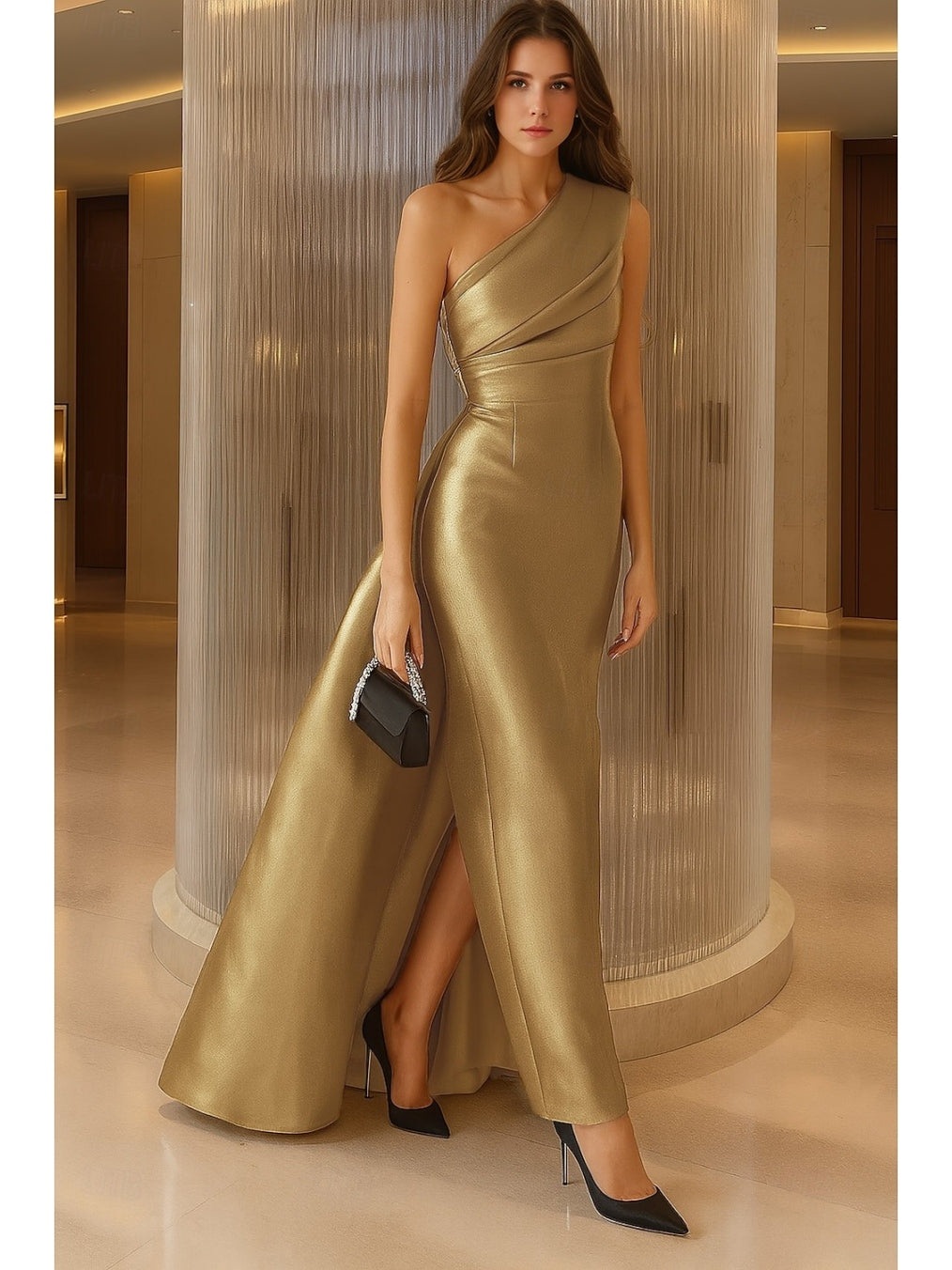 Trumpet/Mermaid One-Shoulder Sleeveless Ruched Floor-Length Pleated Evening Dresses with Slit