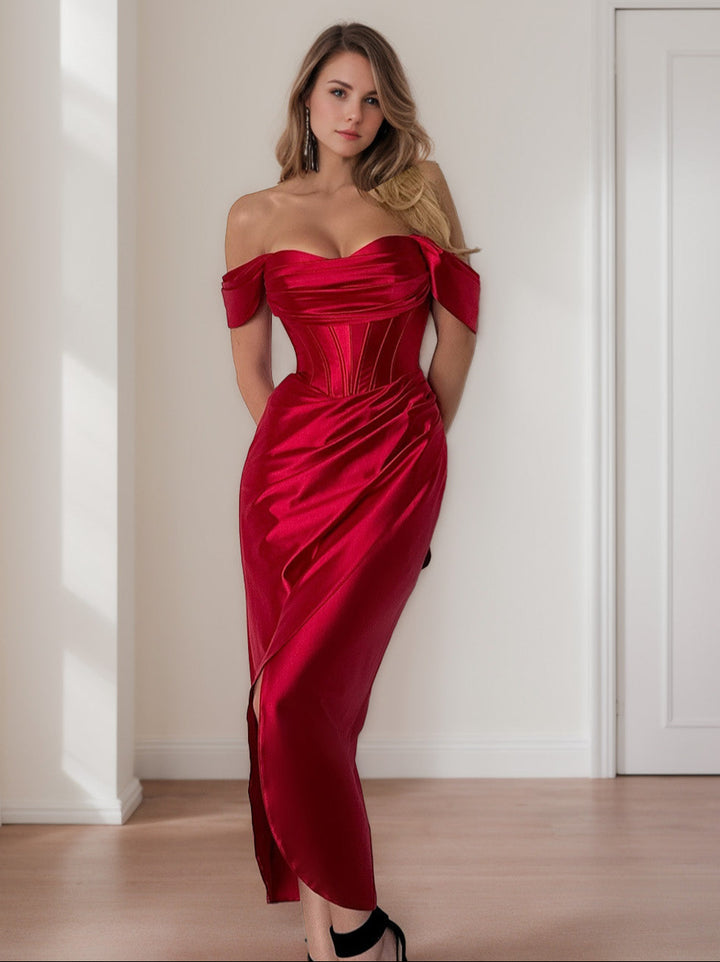 Sheath/Column Off-the-shoulder Sleeveless Tea-Length Ruched Evening Dresses with Slit