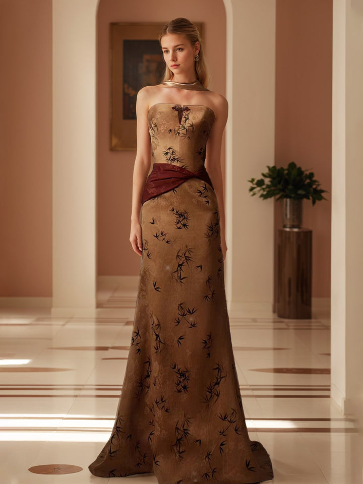 Sheath/Column Strapless Sleeveless Ruched Sweep Train Evening Dresses with Draped scarf