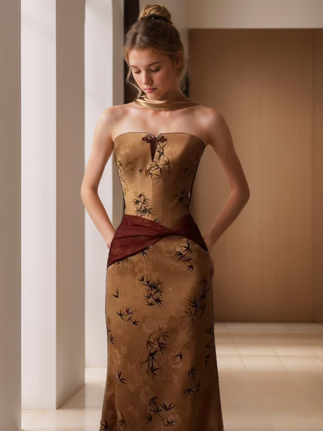 Sheath/Column Strapless Sleeveless Ruched Sweep Train Evening Dresses with Draped scarf