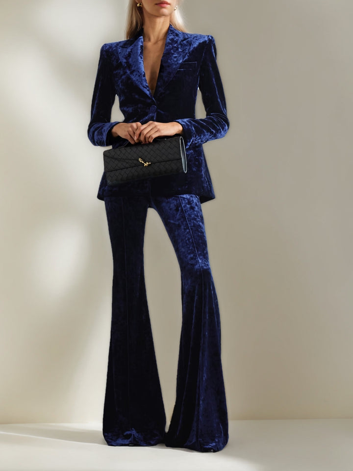 2 Pieces Blazer-style V-Neck with Peaked Lapel Long Sleeves Floor-Length Evening Pantsuits with Buttons & Pockets