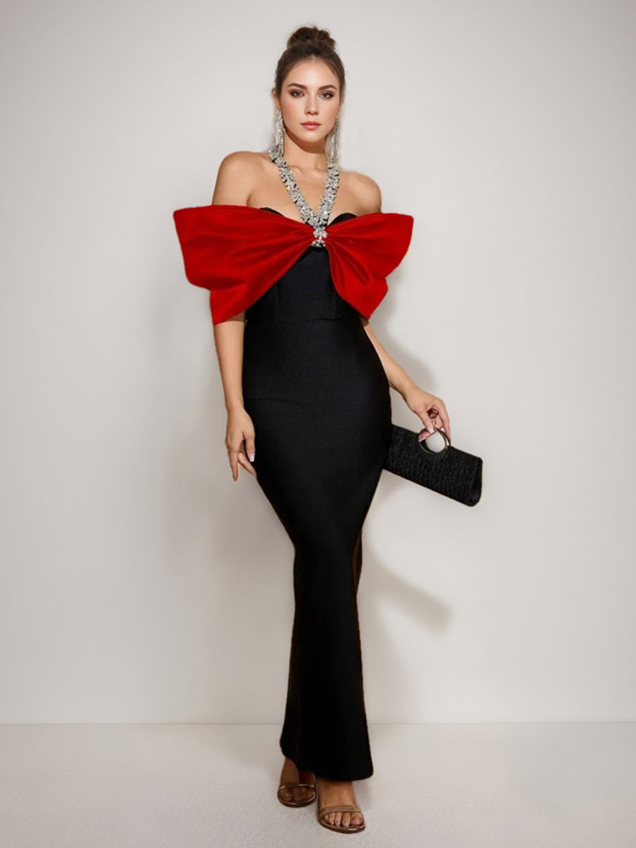 Sheath/Column Halter Sleeveless Ankle-Length Evening Dresses with Rhinestones & Bows