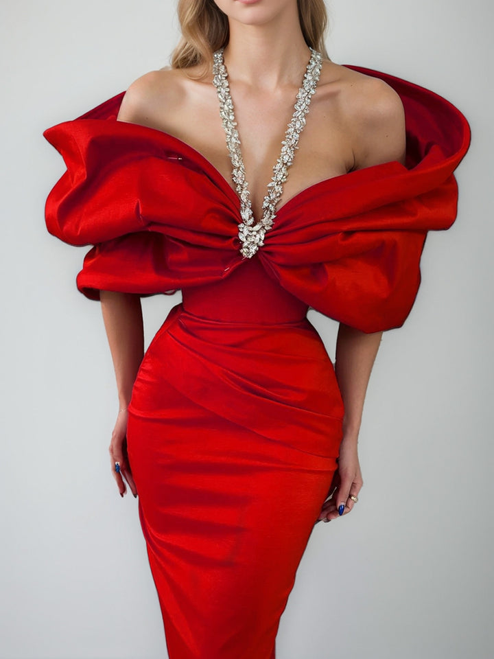 Sheath/Column Halter Sleeveless Ankle-Length Evening Dresses with Rhinestones & Bows