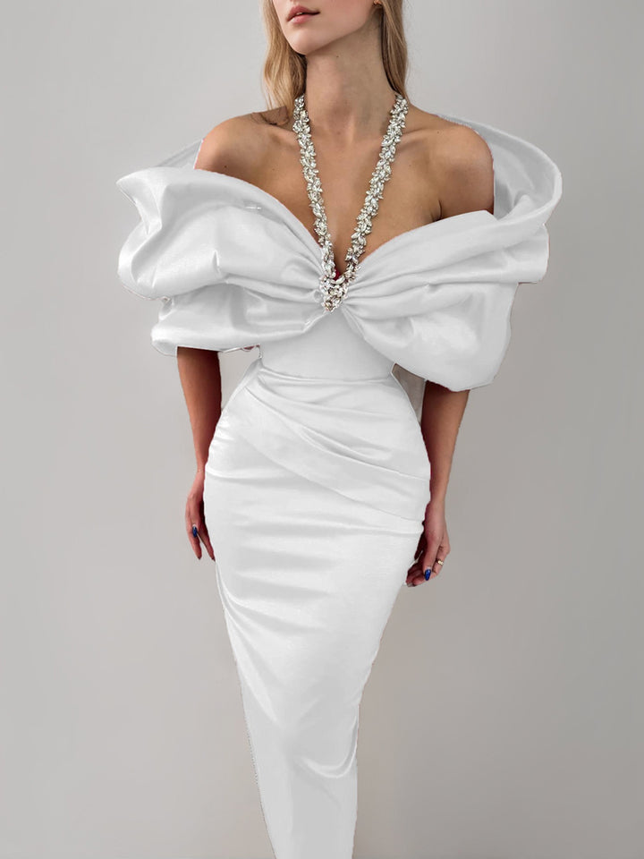 Sheath/Column Halter Sleeveless Ankle-Length Evening Dresses with Rhinestones & Bows