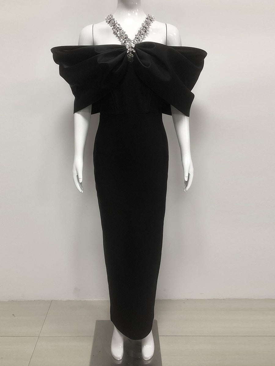 Sheath/Column Halter Sleeveless Ankle-Length Evening Dresses with Rhinestones & Bows