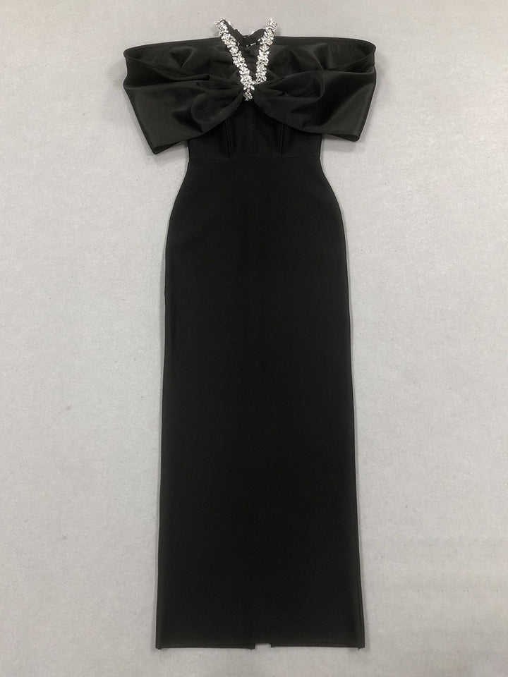 Sheath/Column Halter Sleeveless Ankle-Length Evening Dresses with Rhinestones & Bows