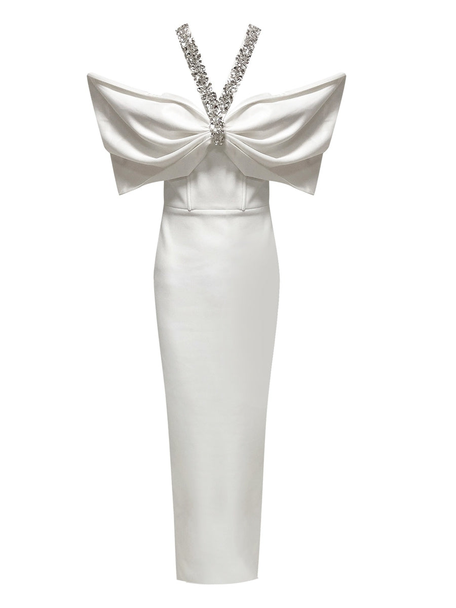 Sheath/Column Halter Sleeveless Ankle-Length Evening Dresses with Rhinestones & Bows