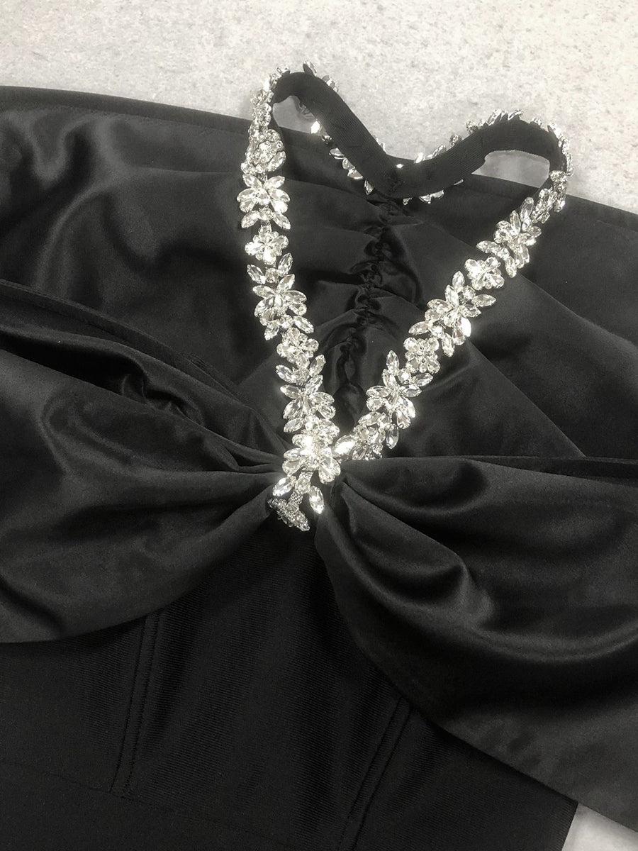 Sheath/Column Halter Sleeveless Ankle-Length Evening Dresses with Rhinestones & Bows