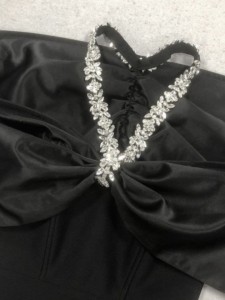 Sheath/Column Halter Sleeveless Ankle-Length Evening Dresses with Rhinestones & Bows