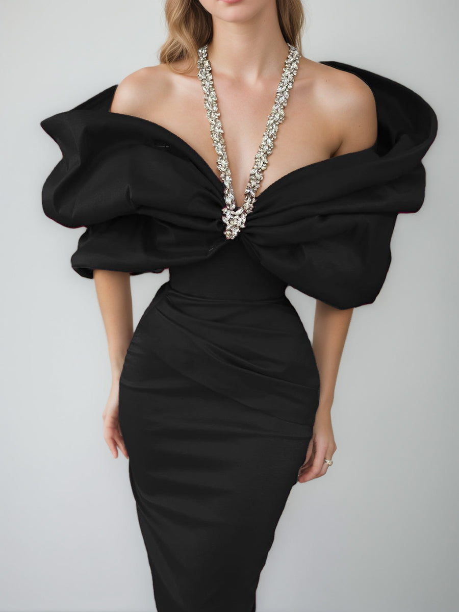 Sheath/Column Halter Sleeveless Ankle-Length Evening Dresses with Rhinestones & Bows