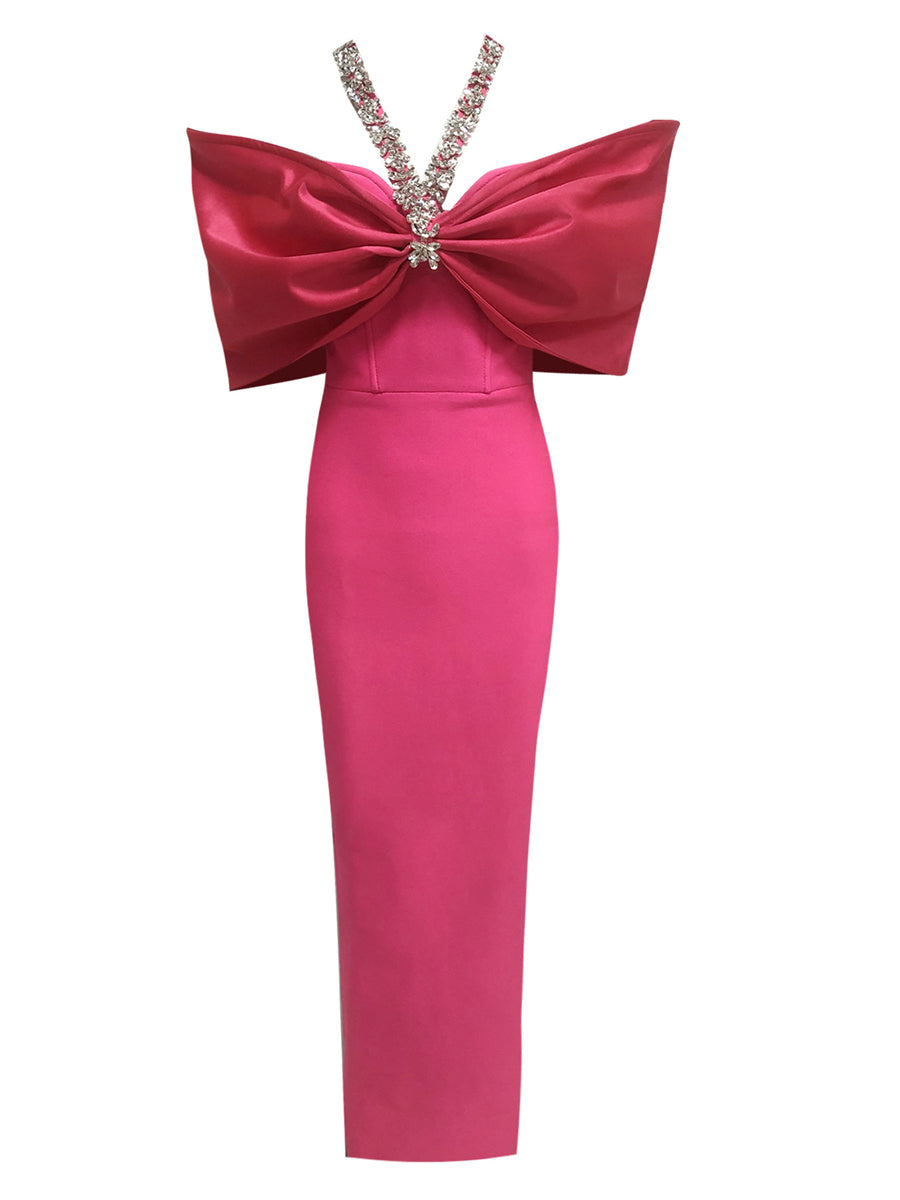 Sheath/Column Halter Sleeveless Ankle-Length Evening Dresses with Rhinestones & Bows