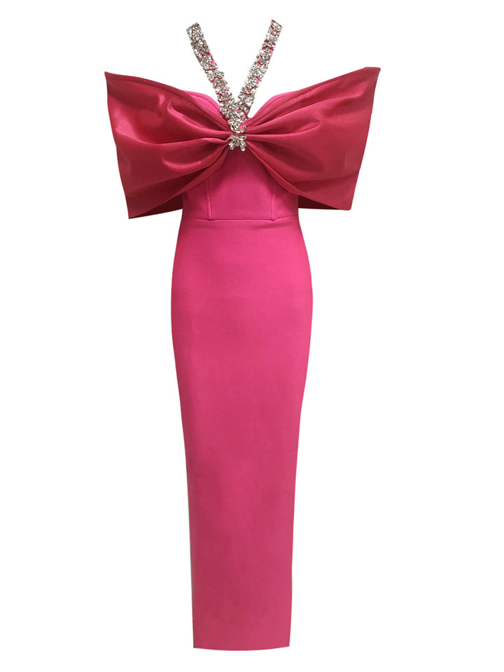 Sheath/Column Halter Sleeveless Ankle-Length Evening Dresses with Rhinestones & Bows