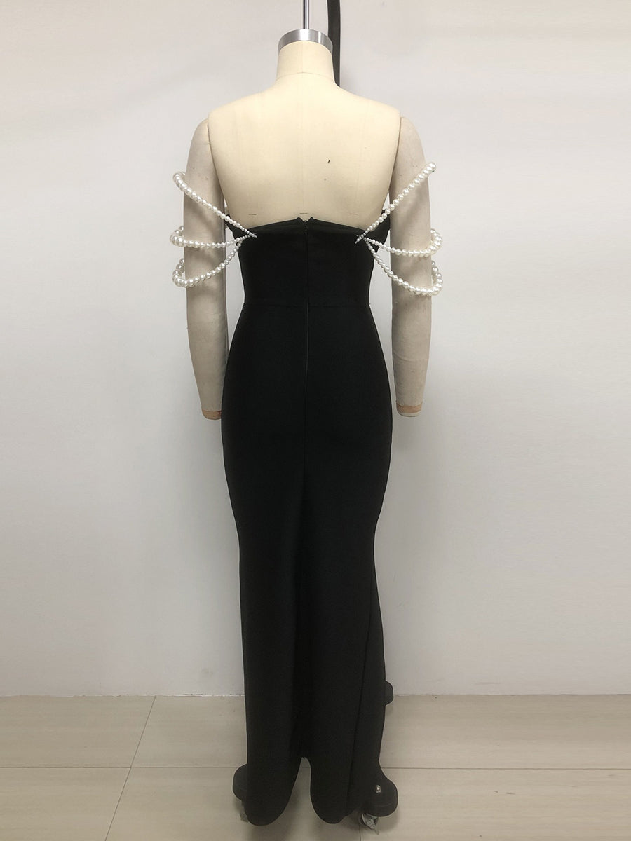 Sheath/Column Off-the-Shoulder Long Luxurious Evening Dresses with Pearl & High Split