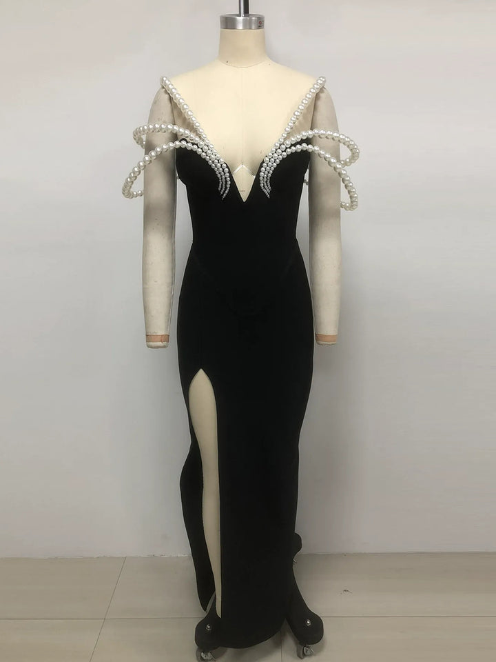 Sheath/Column Off-the-Shoulder Long Luxurious Evening Dresses with Pearl & High Split