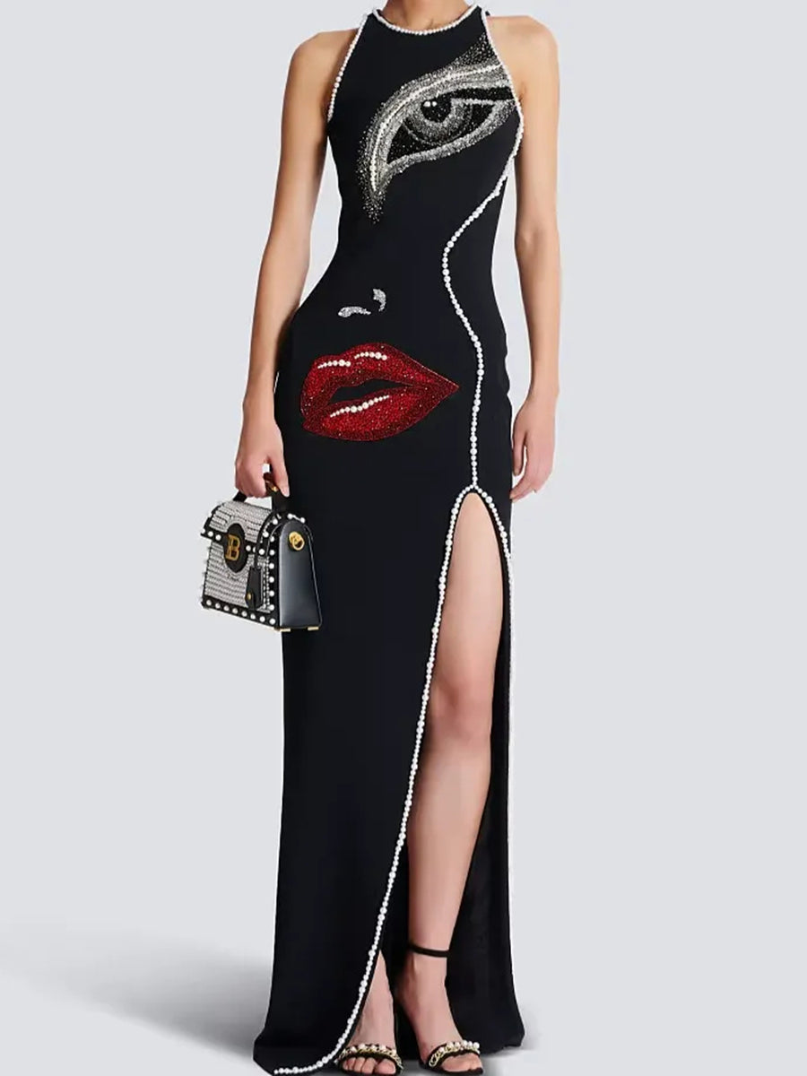 Sheath/Column Scoop Sleeveless Stylish Pattern Evening Dresses with Pearls & Split Side