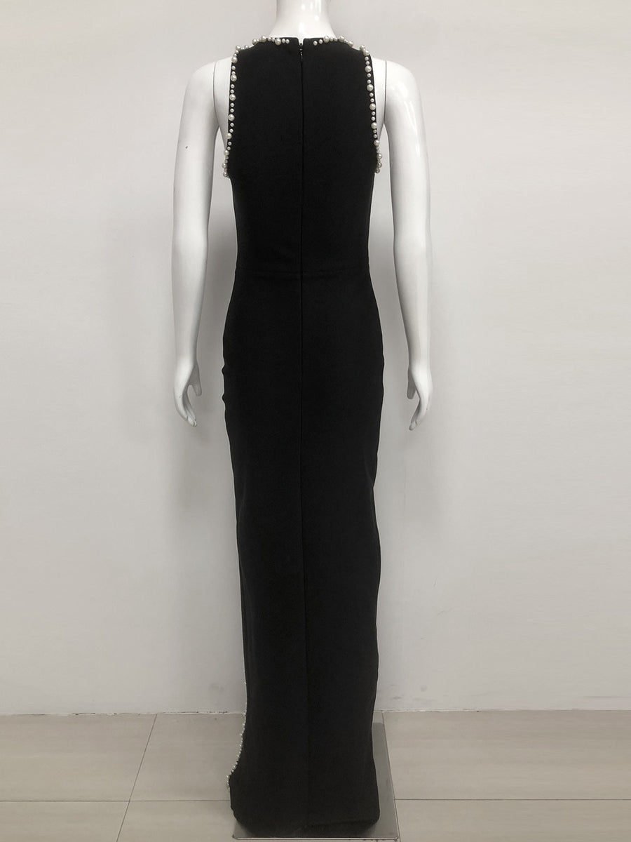 Sheath/Column Scoop Sleeveless Stylish Pattern Evening Dresses with Pearls & Split Side