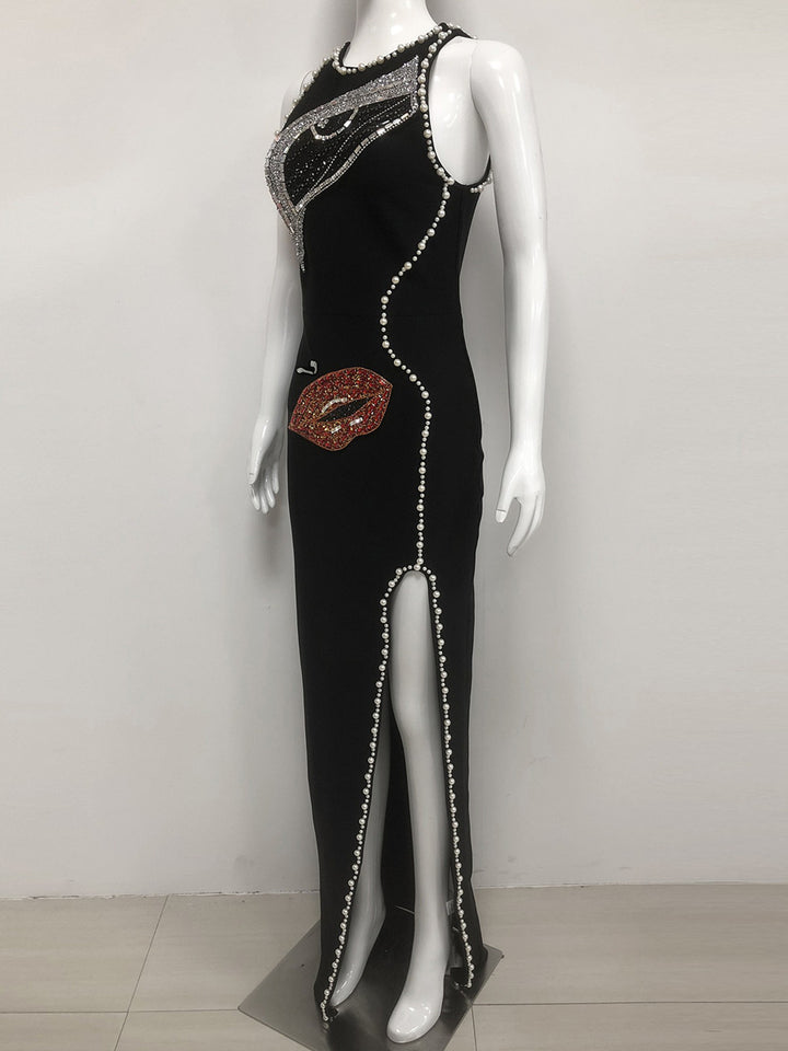 Sheath/Column Scoop Sleeveless Stylish Pattern Evening Dresses with Pearls & Split Side