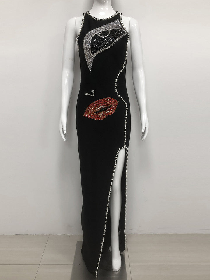 Sheath/Column Scoop Sleeveless Stylish Pattern Evening Dresses with Pearls & Split Side