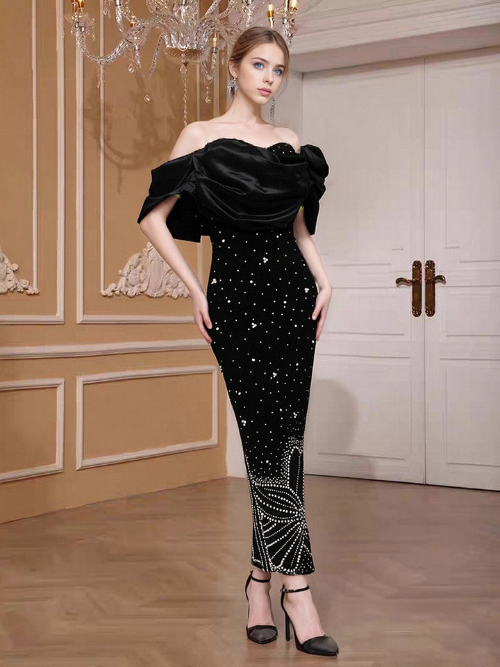 Sheath/Column Off-the-Shoulder Sleeveless Evening Dresses with Crystals & Ruffles