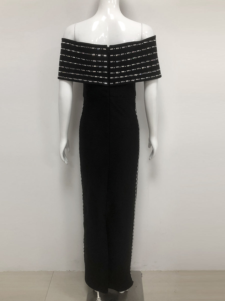 Sheath/Column Off-the-Shoulder Ankle Length Ruffled Evening Dresses with Rhinestones