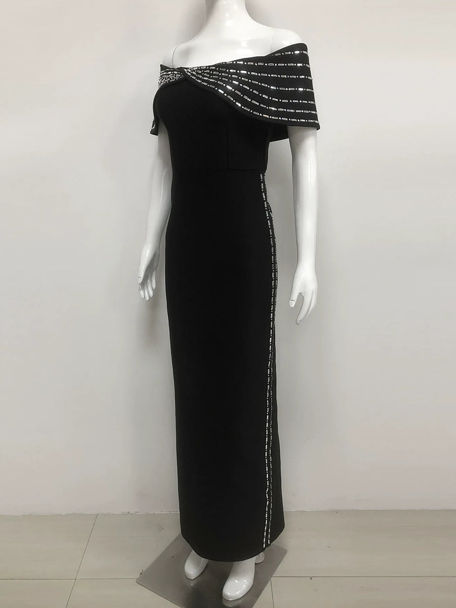 Sheath/Column Off-the-Shoulder Ankle Length Ruffled Evening Dresses with Rhinestones