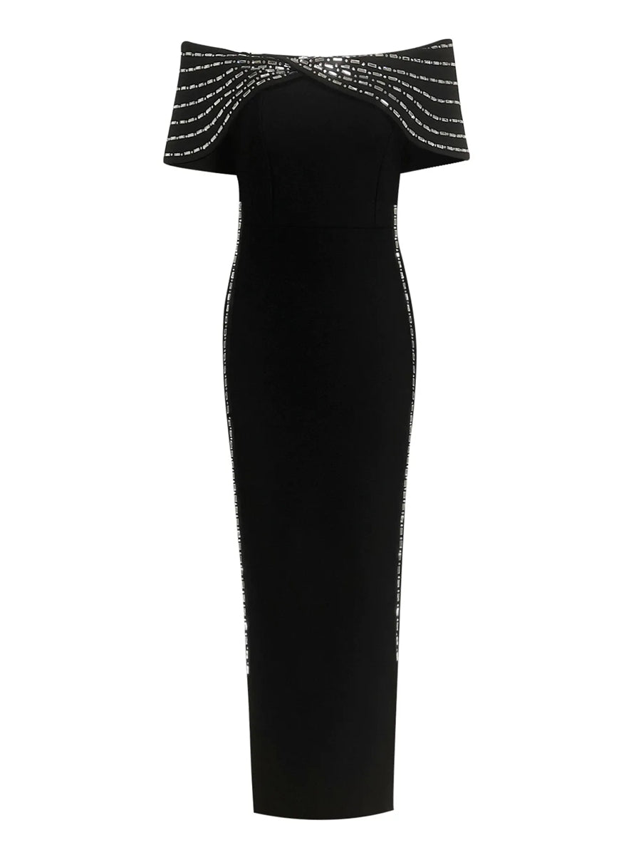 Sheath/Column Off-the-Shoulder Ankle Length Ruffled Evening Dresses with Rhinestones