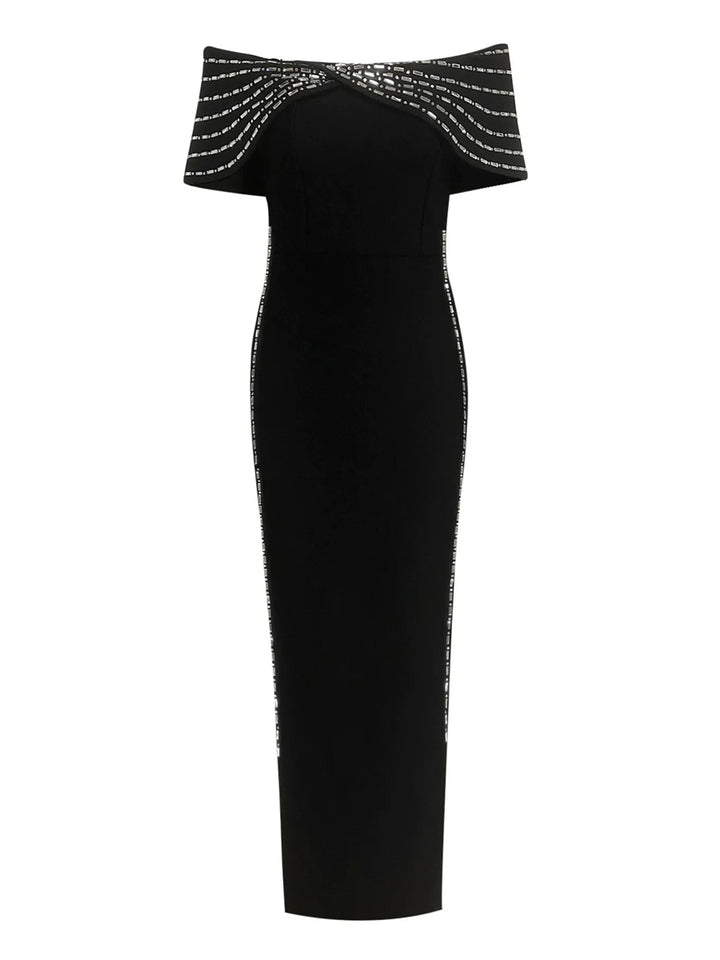 Sheath/Column Off-the-Shoulder Ankle Length Ruffled Evening Dresses with Rhinestones