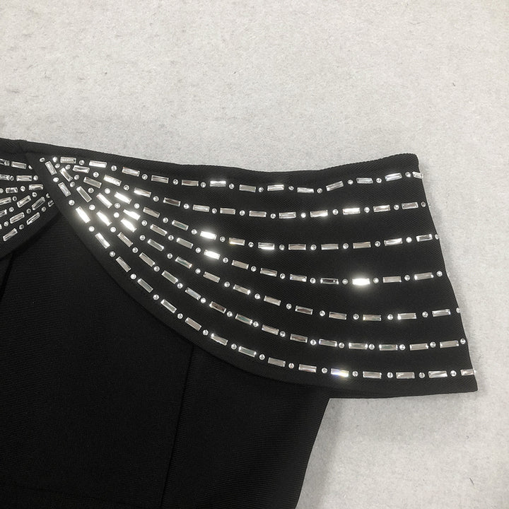 Sheath/Column Off-the-Shoulder Ankle Length Ruffled Evening Dresses with Rhinestones