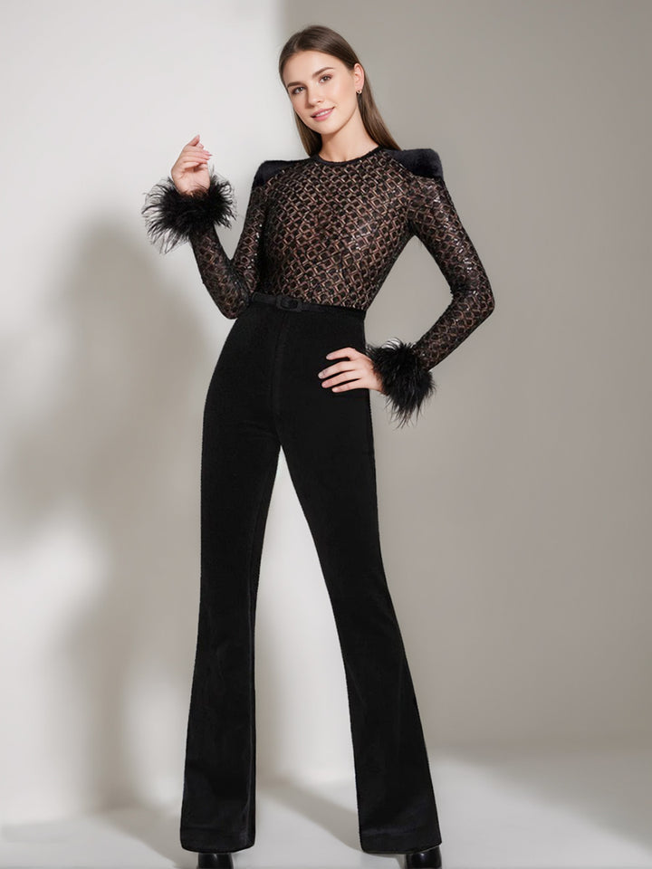 Black Scoop Neck Floor-Length Long Sleeves Evening Pantsuits with Feather & Sequins