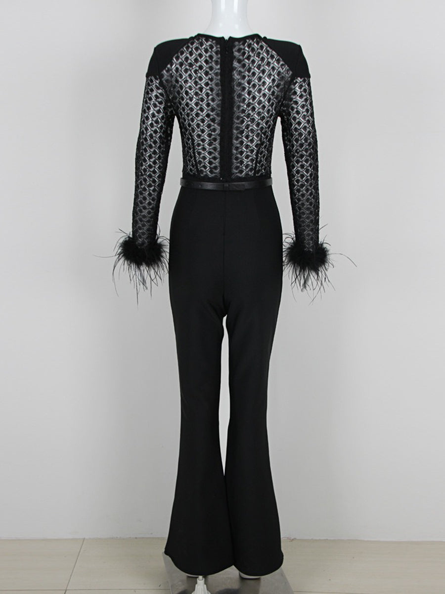 Black Scoop Neck Floor-Length Long Sleeves Evening Pantsuits with Feather & Sequins