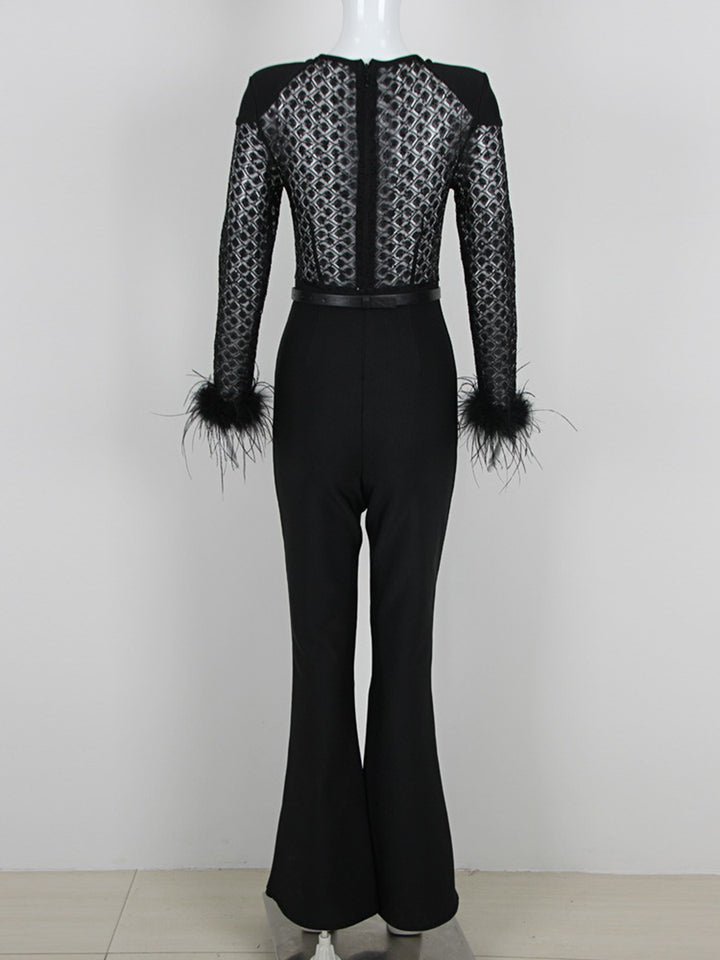 Black Scoop Neck Floor-Length Long Sleeves Evening Pantsuits with Feather & Sequins