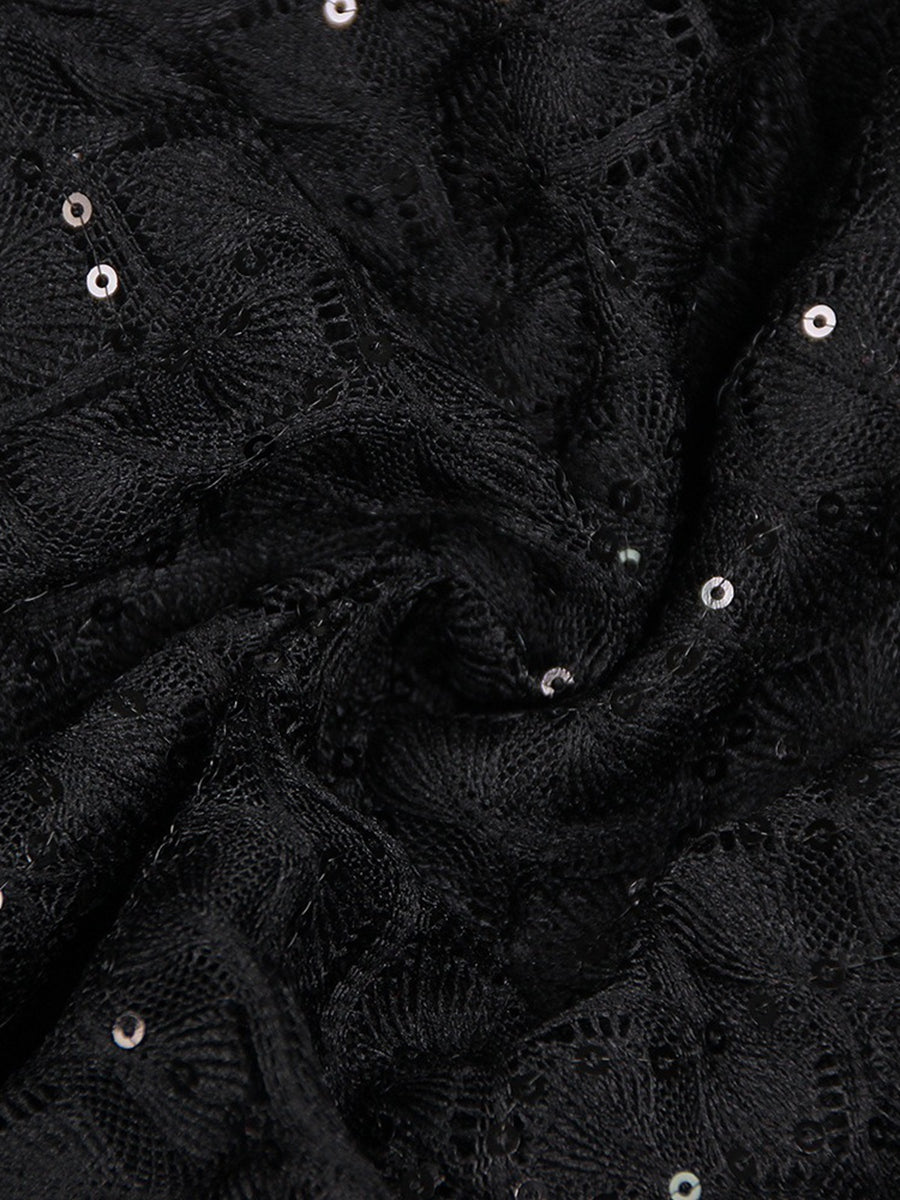 Black Scoop Neck Floor-Length Long Sleeves Evening Pantsuits with Feather & Sequins