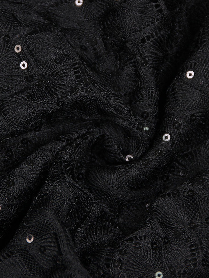 Black Scoop Neck Floor-Length Long Sleeves Evening Pantsuits with Feather & Sequins