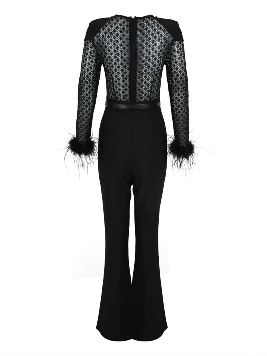 Black Scoop Neck Floor-Length Long Sleeves Evening Pantsuits with Feather & Sequins