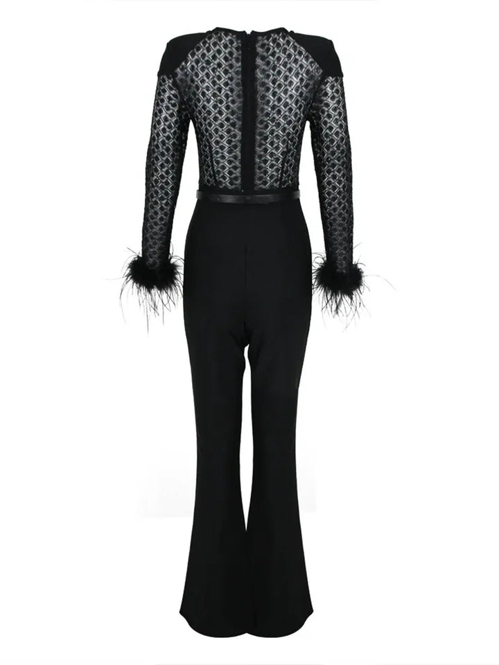 Black Scoop Neck Floor-Length Long Sleeves Evening Pantsuits with Feather & Sequins