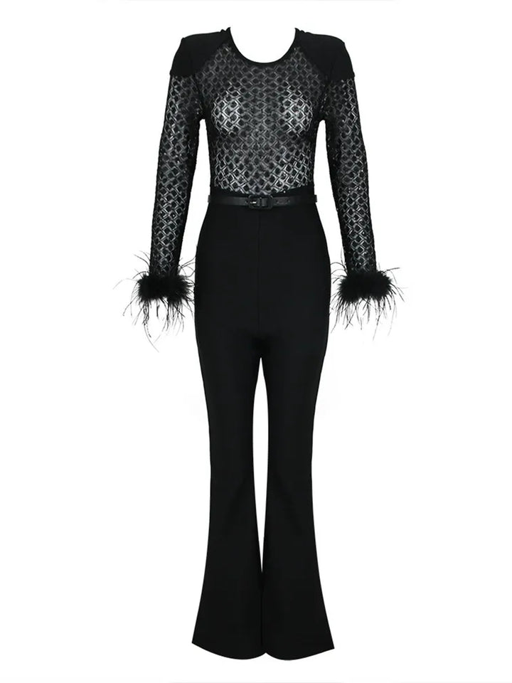 Black Scoop Neck Floor-Length Long Sleeves Evening Pantsuits with Feather & Sequins