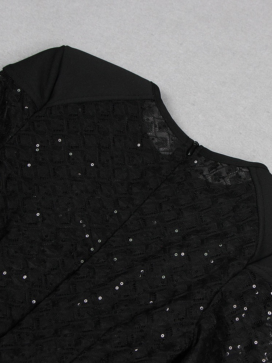 Black Scoop Neck Floor-Length Long Sleeves Evening Pantsuits with Feather & Sequins