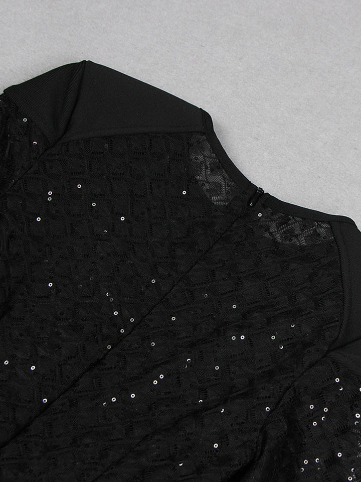 Black Scoop Neck Floor-Length Long Sleeves Evening Pantsuits with Feather & Sequins