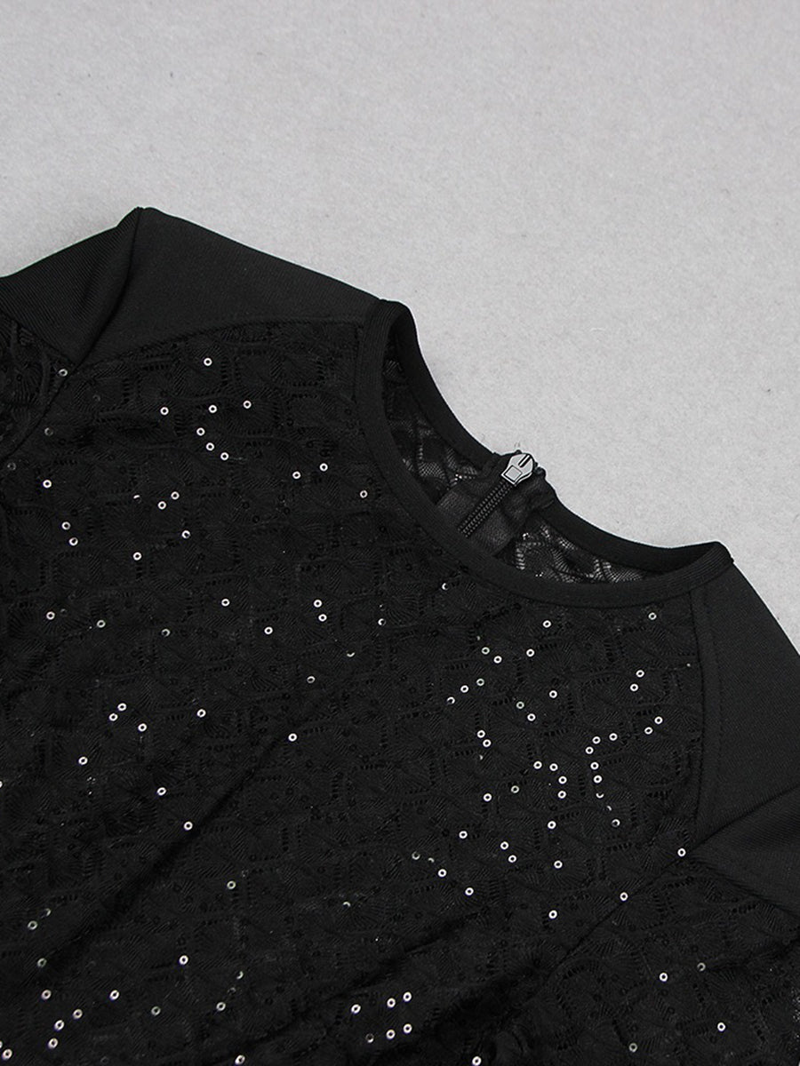 Black Scoop Neck Floor-Length Long Sleeves Evening Pantsuits with Feather & Sequins